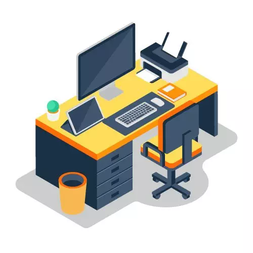 illustrazione scrivania postazione lavoro computer stampante tablet