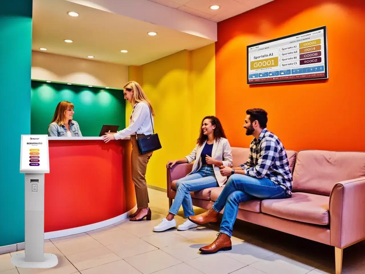 riduzione-tempi-di-attesa-sistema-eliminacode-digitale-waitup totem gestione code e digital signage
